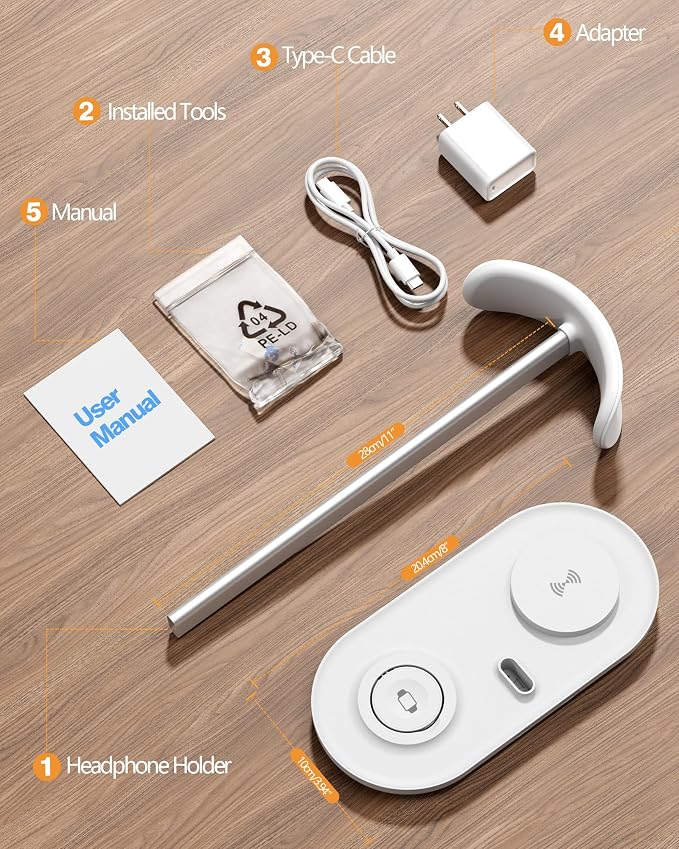 HiWe Headphone Stand, 2-in-1 MagSafe Wireless Charger for iPhone/iWatch | Headset Holder for All Headphones, Aluminum Alloy Bar, ABS Solid Base, PU Headrest, Table Desk Organizer - Image 8