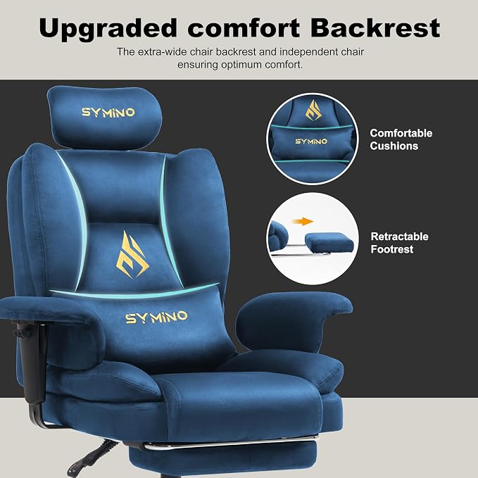 Symino Gaming Chair with Footrest, 2D Armrests Up/Down & Left/Right, Suede Fabric Ergonomic Office Chair, 150° Recline Computer Chair for Desk, Blue - Image 5