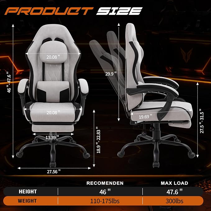 Shintenchi Gaming Chair, Ergonomic Office Chair with Footrest, Lumbar Support and Linkage Armrests, Swive Home Video Game Chairs for Adults, Gray - Image 3