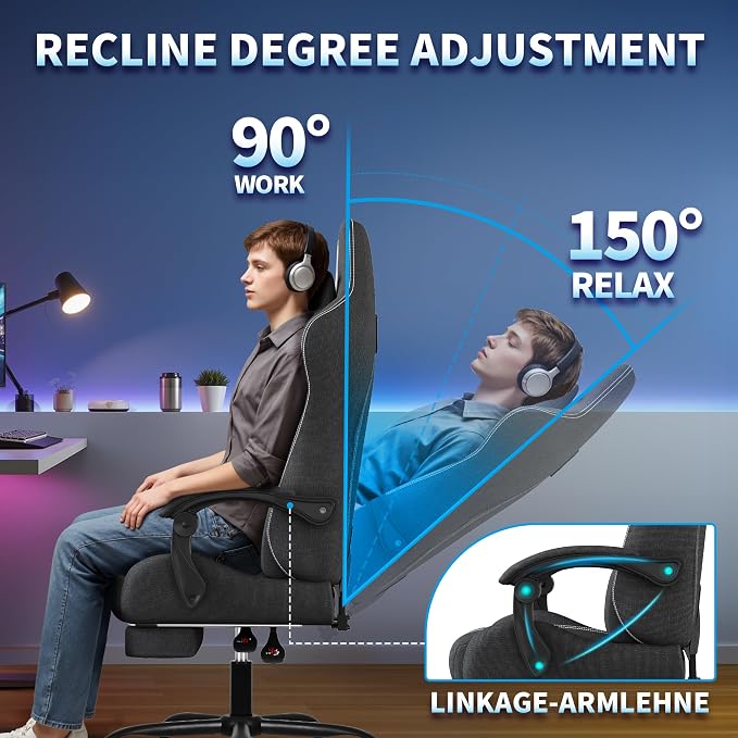 SITMOD Big Tall Fabric Gaming Chair with Footrest, Reclining Computer Chair | Breathable Fabric, Pocket Spring Cushion, High Back Support & Lumbar Pillow Deliver Lasting Comfort For Gaming, Work & Relax - Image 8
