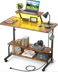 Height Adjustable Standing Desk with Power Outlets and LED Lights - 32" Manual Stand Up Desk with Monitor Stand and Storage Shelves Small Mobile Rolling Computer Desk Portable Laptop Table, Rustic by Besiost