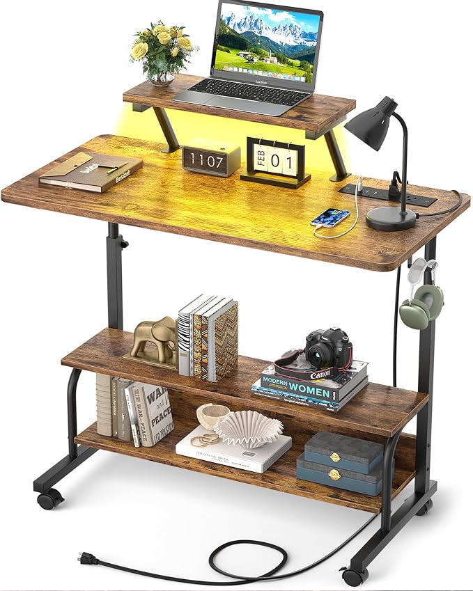 Height Adjustable Standing Desk with Power Outlets and LED Lights - 32" Manual Stand Up Desk with Monitor Stand and Storage Shelves Small Mobile Rolling Computer Desk Portable Laptop Table, Rustic by Besiost