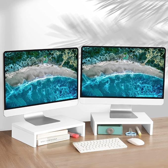 TEAMIX White Monitor Stand Riser, 2 Pack Wood | Dual Stand for 2 monitors. Holds 80 lbs, Stack or Separate Adjustable Use, Fits laptop, TV, PC. For Home Office, Gaming - Image 2