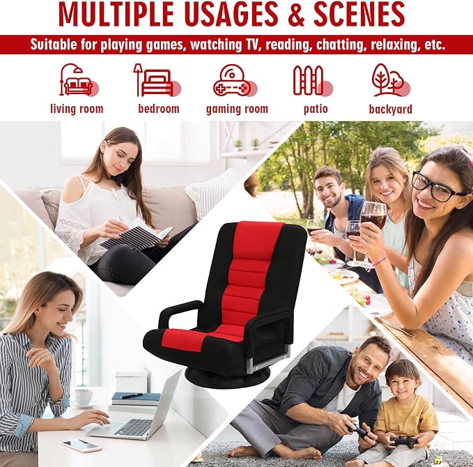 Swivel Floor Gaming Chair w/Armrests,Folding Video Reclining Sofa w/6 Adjustable Position, Padded Backrest & Cushion, Lazy Lounger Couch for E-Sports, Reading, Relaxing, Watching TV, Red - Image 9