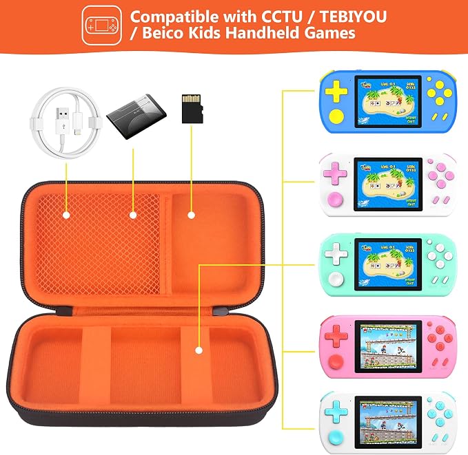 Supmay Carrying Case Compatible with CCTU / TEBIYOU Kids Handheld Games Preloaded 218 Retro Video Games, Portable Gaming Electronic Toys Storage Holder Travel Bag with Mesh Pocket for USB Cable,Orange - Image 2