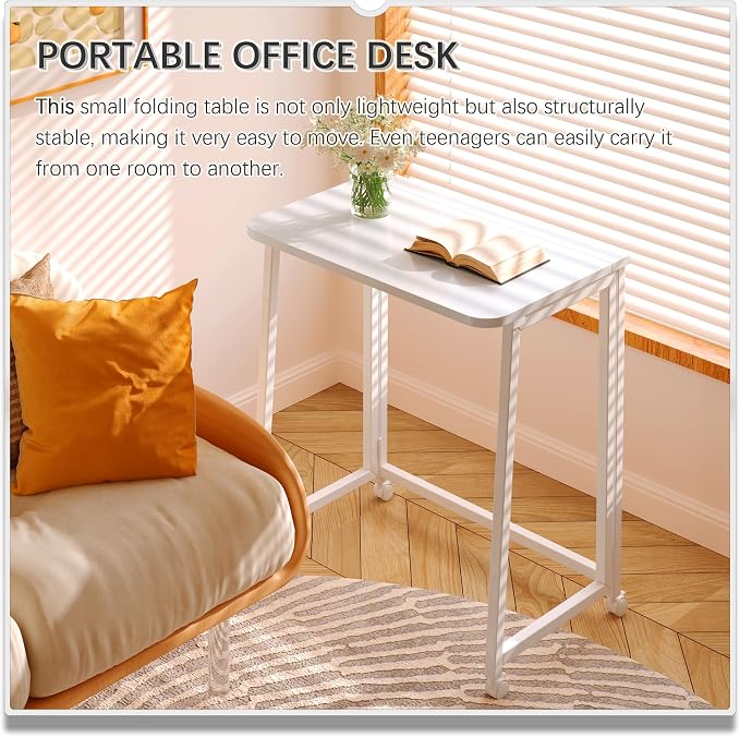 4NM 23.6" Mobile Small Folding Desk, Foldable Rolling Computer Home Office Desk, Study Writing Table for Small Space Saving Bedroom, with Wheels - All White - Image 4