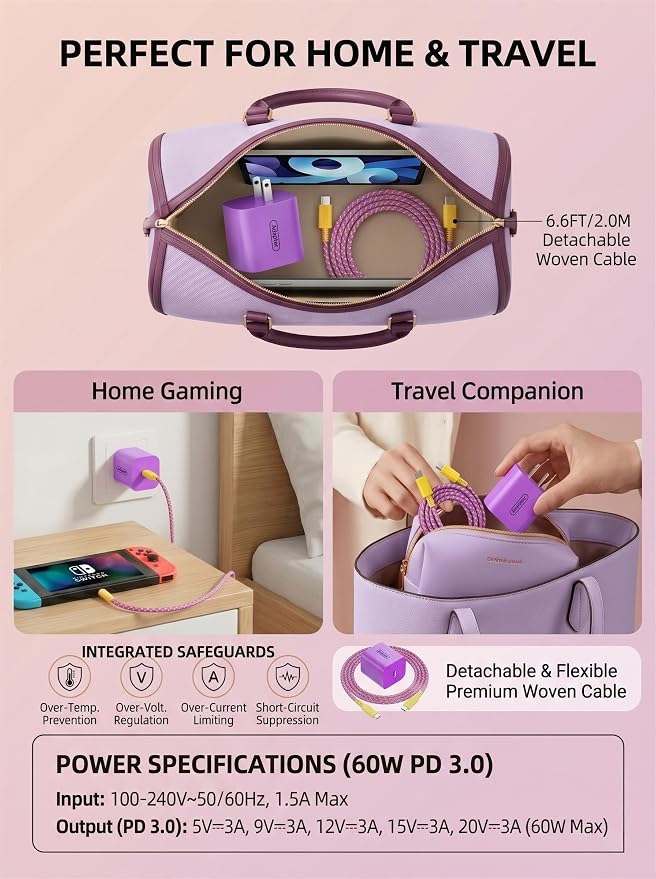 Switch 2 Fast Charger 60W - Vibrant Colors, 6.6FT Type-C Power Supply Adapter for Switch 1/2/OLED/Lite, Steam Deck, Supports 4K TV Dock Mode (20V/3A) (Purple & Orange) - Image 7