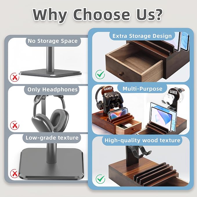 Gamer Controller Holder Headphone Stand with Storage Drawer for Gaming Equipment,Wood Gamer Gifts for Teenage Boy,Headpset Stand Gaming Desk Accessories for Fathers Day Men,Son,Husband - Image 7