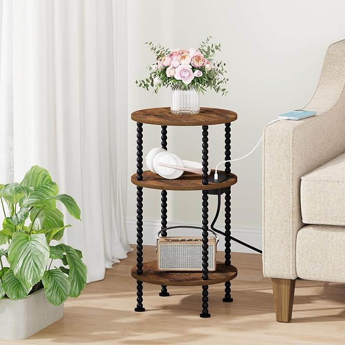 YINMIT 3-Tier Small Bedside Table,Round Side Table with AC Charging Station - Image 4