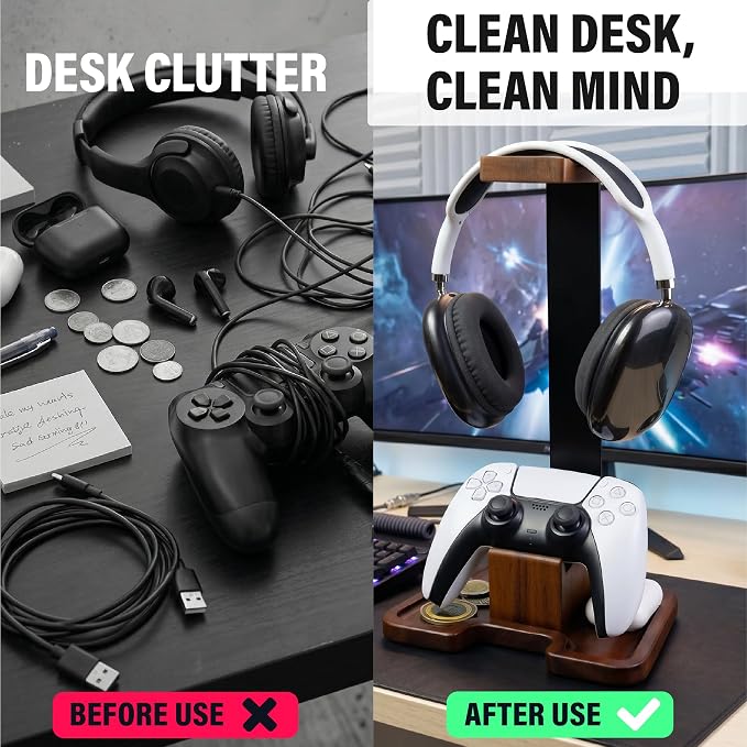 Gaming Equipment Headset Stand with Game Controller Holder & Storage Base, Stylish Gamer Gifts for Men Teenage Boy Headphone Stand, Unique Gifts for Gamers to Organize Gaming Accessories (Brown Wood) - Image 4