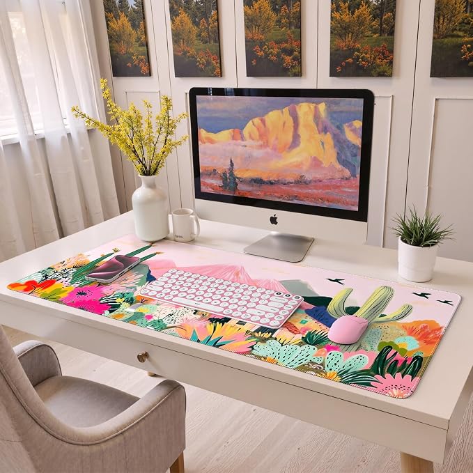 iCasso Desk Mat,Cute Mouse Pad for Desk,35"x16",Home Office, Cactus | Waterproof Desk Pad with Non-Slip Rubber Base and Stitched Edges, Extended Keyboard Mousepad for Computer, Home Workspace - Image 8
