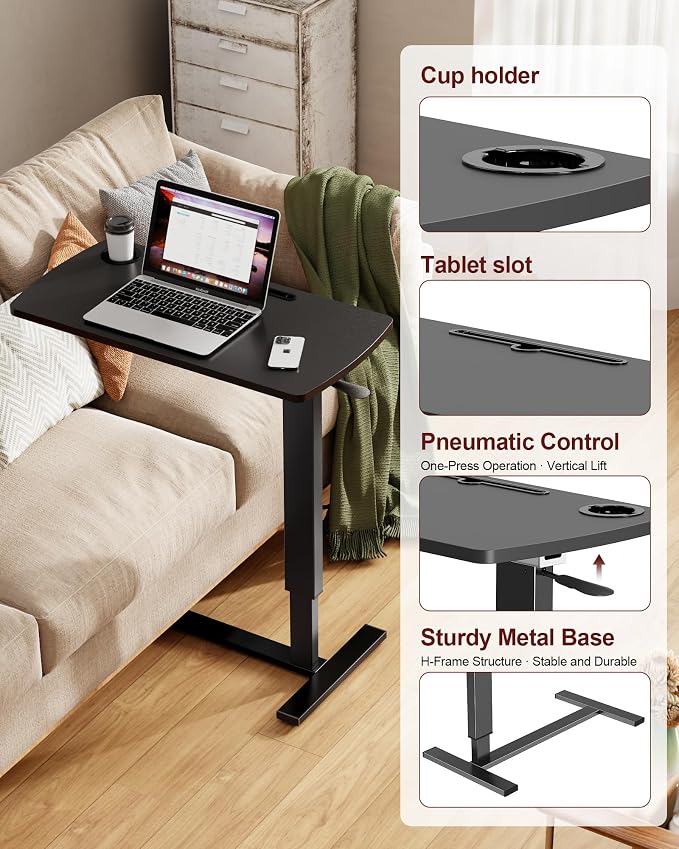Foldable Overbed Table with Wheels, Pneumatic Adjustable Desk - Image 7