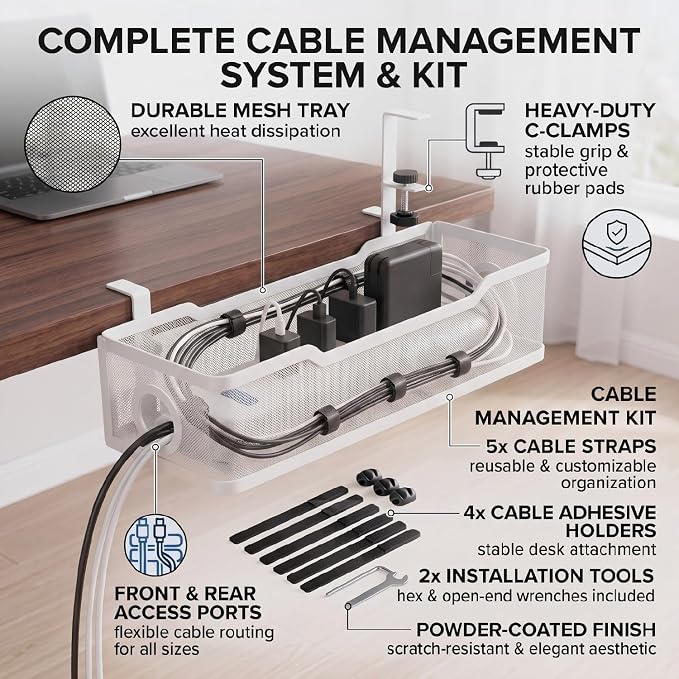 Under Desk Cable Management Tray, No Drill Cable Organizer for Desk, Metal Wire Management Basket with Clamp Mount, Cord Organizer Holder for Standing Desk, Home Office and Gaming Setup - Image 6