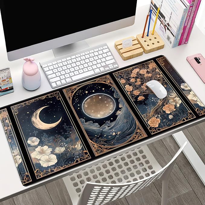 Celestial Lunar Nature Tarot Card Desk Mat Moon Floral Large Mouse Pad XXL 31.5''X 15.7'' Witch Night Botanical Desk Pad Gaming Mousepad Keyboard Mouse Mat for Laptop Computer Office Decor Gift - Image 2