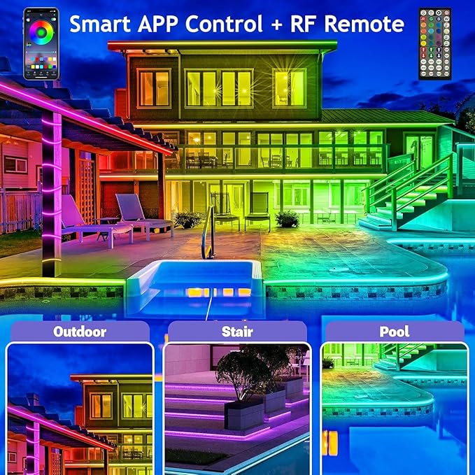 AILBTON 60ft Outdoor LED Strip Lights Waterproof,IP68 Outside Led Light Strips Waterproof with Bluetooth App Remote Control,Music Sync RGB Exterior Led Rope Lights,for Balcony,Deck,Roof,Garden,Pool - Image 2