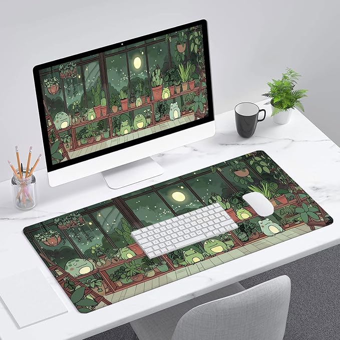 Cute Frog Desk Mat Gaming Mouse Pad Cartoon Kawaii Green Potted Mousepad XL Large Gaming Mouse Pad Laptop Keyboard Mat Desk Pad Office Home Decor for Women Girl 31.5"x11.8" - Image 3