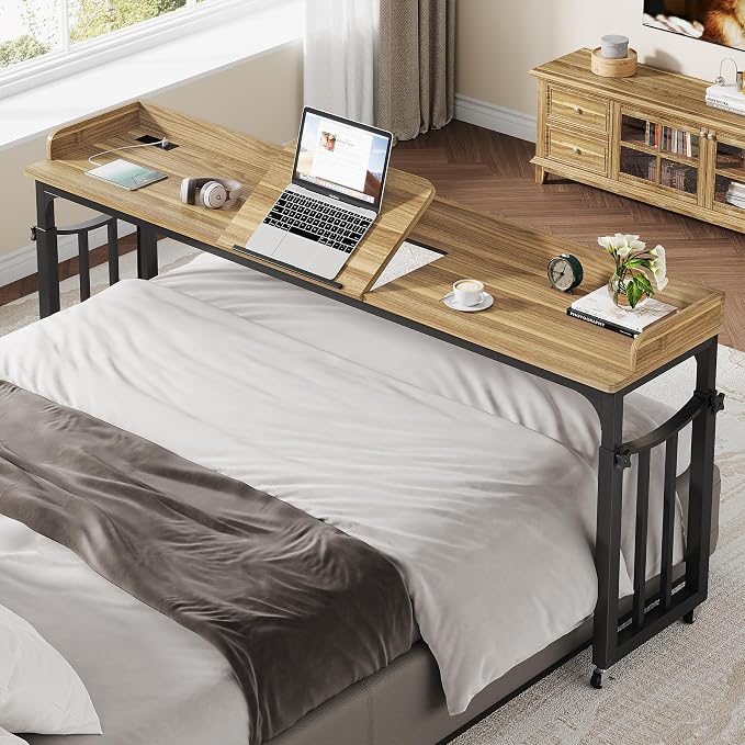 71 in Queen Size Overbed Table with Wheels, Light Brown - Image 3