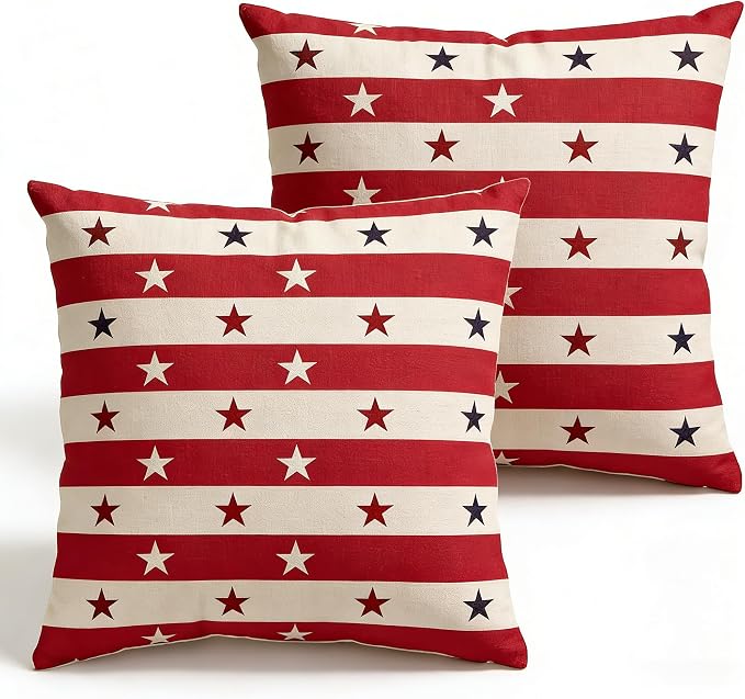 Patriotic Throw Pillow Covers, Stars and Stripes, Red White and Blue, Linen, 18x18 Inch, Set of 2, Zipper Closure，July 4th Independence Day Pillowcase Series by Unknown