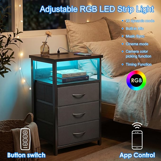 Fixwal Night Stand with 3 Drawers, Black Nightstand with Charging Station - Image 4