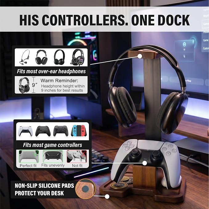 Gaming Equipment Headset Stand with Game Controller Holder & Storage Base, Stylish Gamer Gifts for Men Teenage Boy Headphone Stand, Unique Gifts for Gamers to Organize Gaming Accessories (Brown Wood) - Image 5
