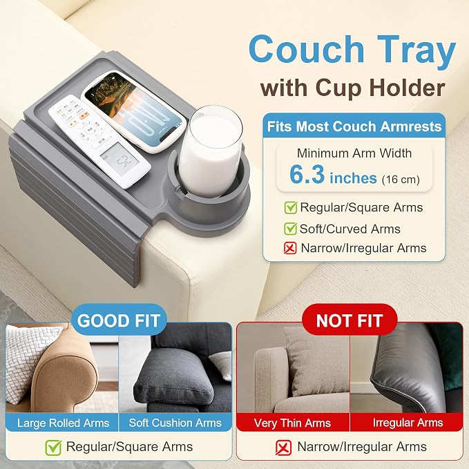 Couch Cup Holder - 3 in 1 Couch Arm Table Tray with 360° Rotating Cup Holder for Couch,Anti-Slip Arm Chair Rest Table for Large Wide Sofa Armrest, Foldable Side Table for Drinks Snacks - Image 2