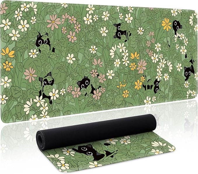 Cute Cat Mouse Pad Large Green Desk Mat Extended Keyboard Mouse Pad Kawaii Mousepad with Non-Slip Base and Stitched Edge Plant Mouse Mat Desk Pad 31.5 x 11.8 in Mouse Pads for Decor Home Office Gaming by Unknown
