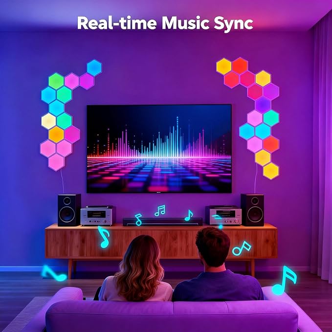 TISOFU 12 Pack Hexagon Lights LED Wall Panels, RGB Gaming Light with APP/Music Sync & Remote, DIY Smart Modular Hexagonal Honeycomb Glide Hex Tiles Panel for Bedroom Party Decor Gifts - Image 6