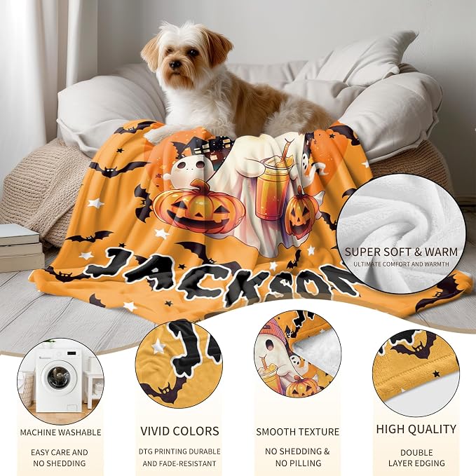 Ship Next Day, Custom Halloween Blanket - Printed in USA, Personalized Baby Blankets with Name, Gift for Kids Boys Girls, Unique Present for Birthday, Christmas, Halloween Bats Toddler Blanket - Image 5