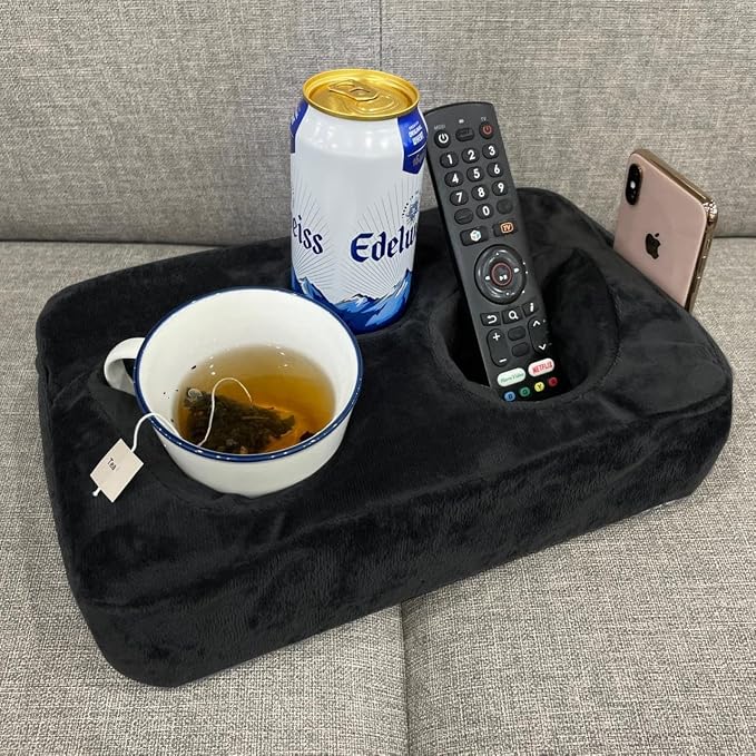 Couch Cup Holder Pillow, Couch Drinks Remotes Holder for Center of Couch, for Sofa, Bed, RV, Car (Black) by Xchouxer