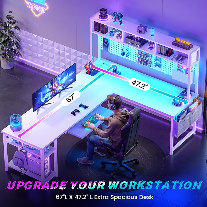 SEDETA White L Shaped Gaming Desk with Hutch, Power Outlet and Pegboard | Reversible 94.5" Computer Desk Two Person Desk, Corner Desk with Storage Shelf Keyboard Tray and LED Lights for Home Office - Image 5