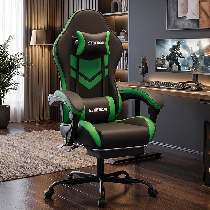 Gaming Chair with Footrest & Massage Lumbar Support, PU Leather Ergonomic High Back Swivel Height Adjustable Chair for Adults, Office Gaming, 300 lbs (Black Green) - Image 2