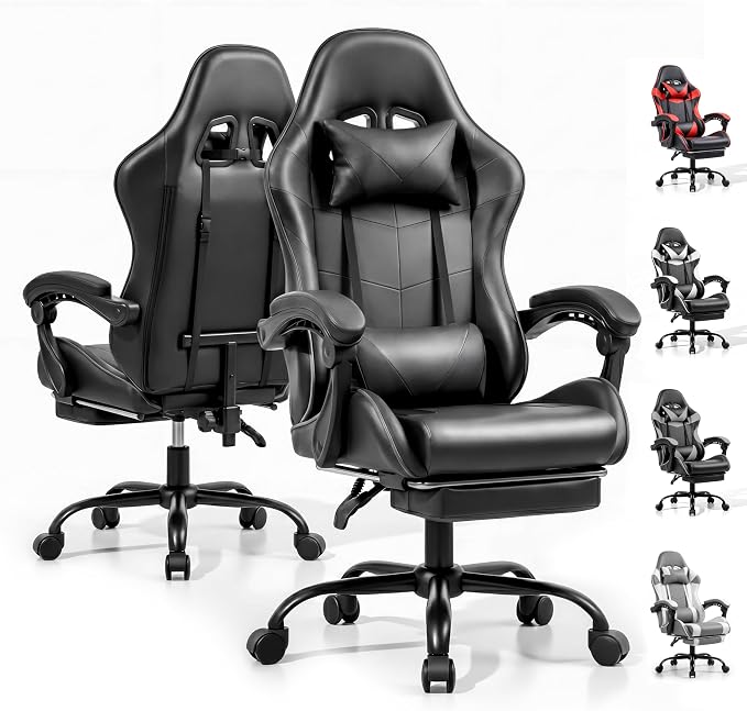 Gaming Chair, Ergonomic Footrest, Lumbar & Headrest(Black) | Steel frame, PVC leather & memory foam; 330 lb; 21" seat; 360° swivel, 90–155° recline; easy assembly; gaming & work by Unknown