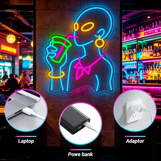 Drinking Neon Signs for Wall Decor, Boho Figure LED Wall Art for Home Bar Decor, USB Dimmable Neon Lights, Housewarming, Birthday, Christmas Gift (Alien Blue) - Image 4