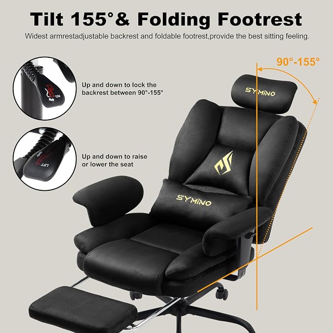 Symino Gaming Chair with Footrest, Up/Down Armrests, Suede Fabric Ergonomic Office Chair, 150° Recline Computer Chair for Desk, Black - Image 6