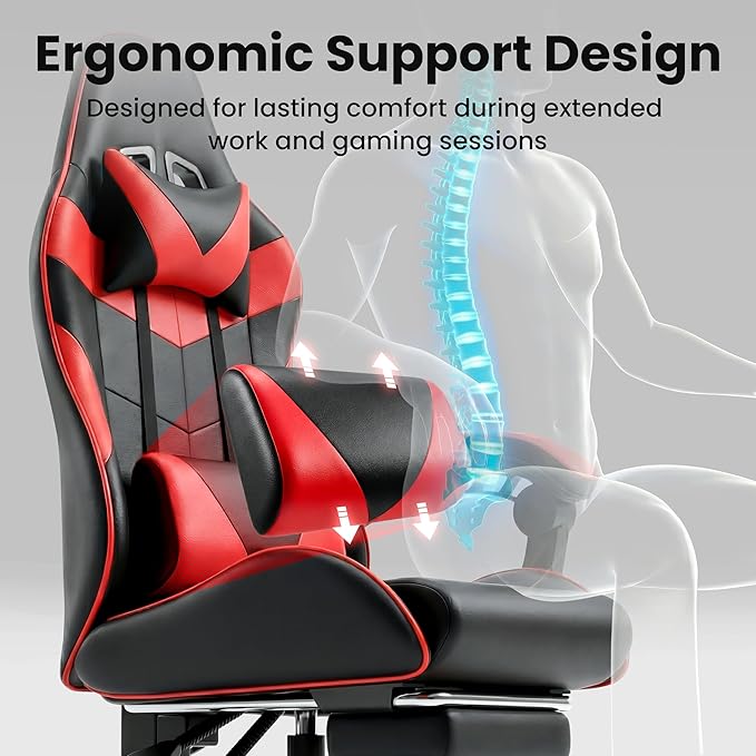 Gaming Chair, Ergonomic Footrest, Lumbar & Headrest(Red Black) | Steel frame, PVC leather & memory foam; 330 lb; 21" seat; 360° swivel, 90–155° recline; easy assembly; gaming & work - Image 6