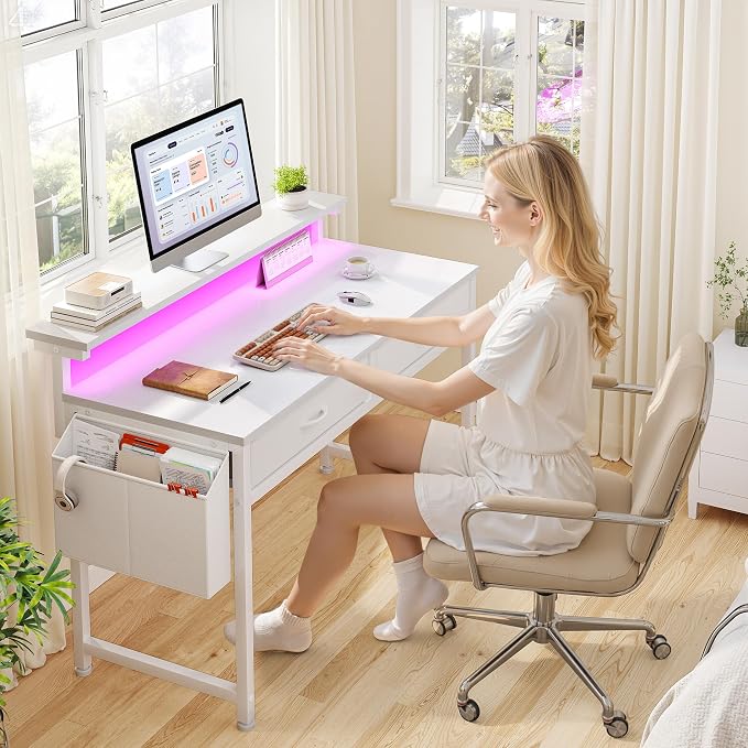 DurayLoly 39.4”Computer Desk with 2Drawers & LED Lights,Space Saving,White - Image 3