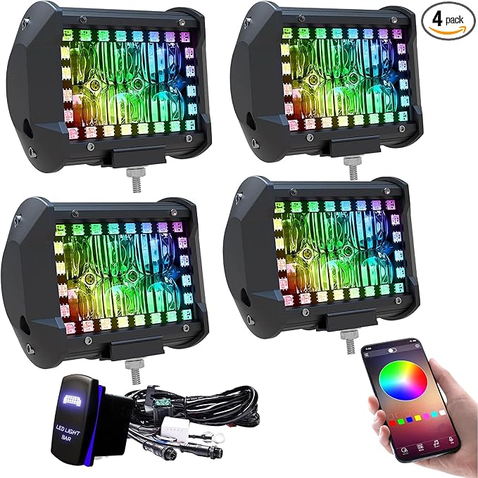 4PCS 4" inch LED Pods Flood Work Fog Lights with RGB Chasing Halo by FEELON