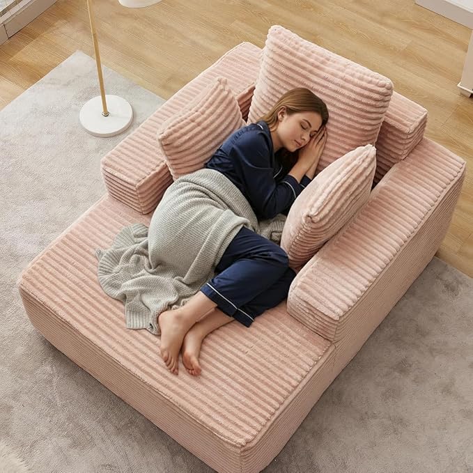 Boneless Chaise Lounge Chair, 54" Oversized Cloud Couch Sofa with Deep Seat, Plush Corduroy Reading Chair for Living Room, Bedroom, Reading Nook, Apartment, Gaming Room & Movie Nights, Pink by Opiesit
