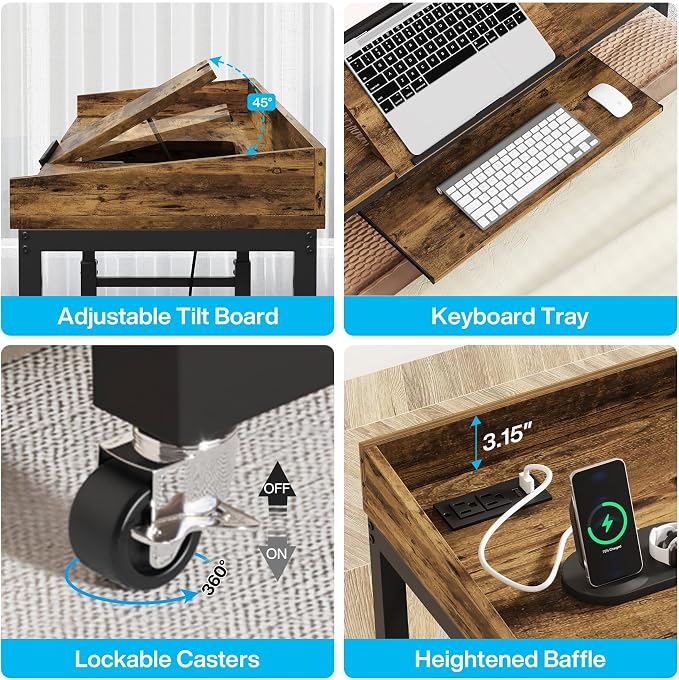 Tribesigns Height Adjustable Overbed Table with Wheels, Queen Size Over Bed Desk with Adjustable Tilt Stand, Mobile Laptop Cart Computer Desk with Outlets & USB Ports (Rustic Brown) - Image 7