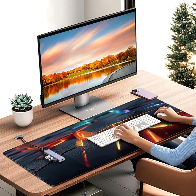 Large Gaming Mouse Pad, Abstract Geometric Orange and Blue Pattern, Extended 35.4 x 15.7 Inches, Non-Slip Rubber Base, Stitched Edges, XXL Desk Mat - Image 2