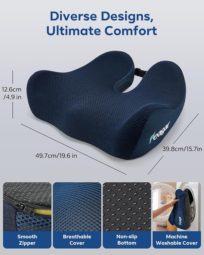Feagar Seat Cushion - Memory Foam Ergonomic Seat Cushion -for Long Sitting | Seat Cushion for Tailbone Pain Relief - for Desk Chair, Car& Wheelchair Car Seat Pad for Hip and Lower Back Comfort Blue - Image 3