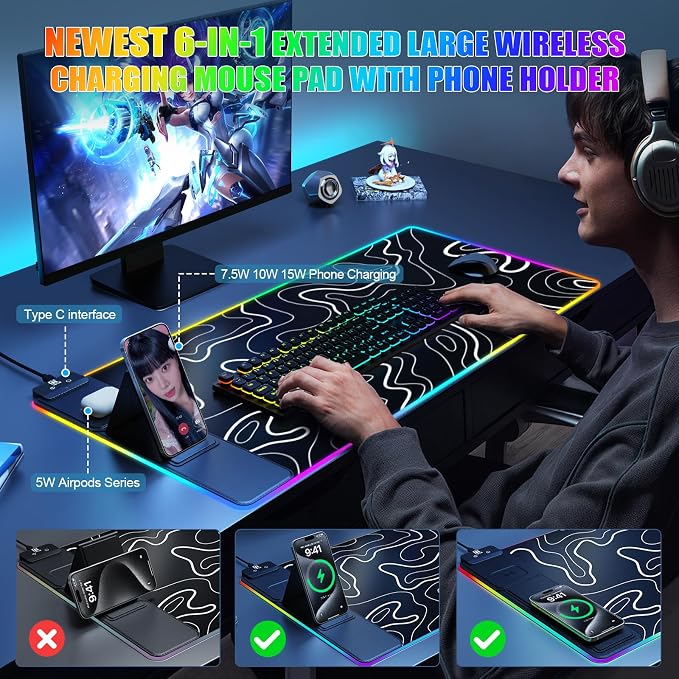 Mouse Pad with Phone Holder, Wireless Charging Desk Mat, RGB Gaming Mousepad Home Office Large Desk Pad with Ultra-Smooth Surface, Non-Slip Base, Waterproof Keyboard Pad,Topographic Black - Image 3