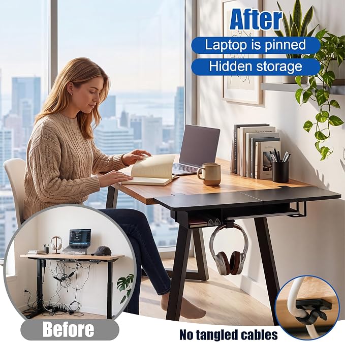 Novabright 30" x 12" Desk Extender Tray with Side Storage Rack Heavy Duty Desk Extender Under Desks Laptop Mount Keyboard Extenders for Desks with a Concealed Storage Area for Cable & Earphone (Black) - Image 3
