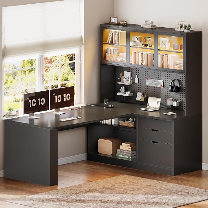 SEDETA L Shaped Corner Gaming Desk with 3 Wood Drawer and Large Bookshelf | L Shaped Computer Desk with LED Light, Display Cabinet and Pegboard for Home Office, 27.5" W Large Desktop Table, Black - Image 4