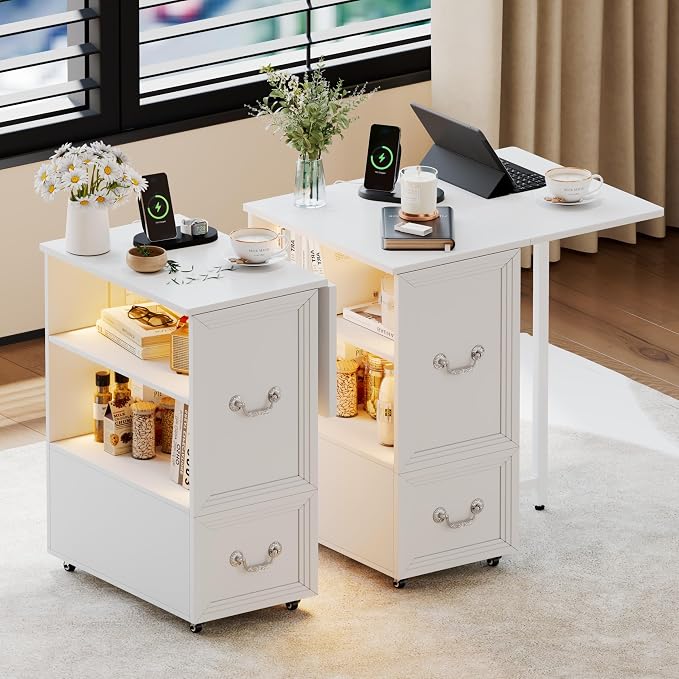 Dystler Rolling Side Table Set of 2 on Wheels, with Charging & LED Lights by CraftYourIdealHomeLife