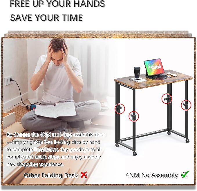 4NM No Assembly 31.5" Small Desk, Folding Portable Desk with Wheels, Adjustable Height Foldable Computer Home Office Desks, Collapsible Study Writing Table for Space Saving Bedroom - Rustic Brown - Image 6