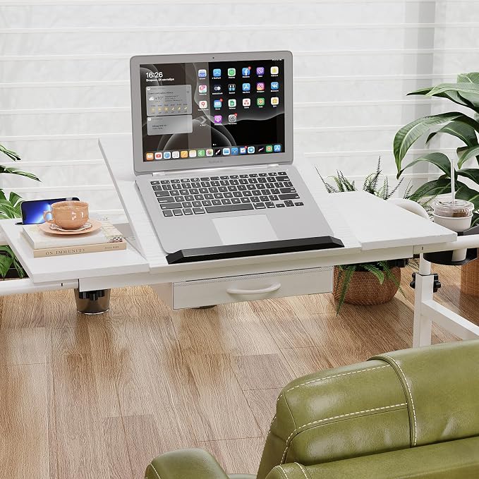 GiftGo Overbed Table with Wheels Rolling Laptop Desk Cart Table Height and Length Adjustable for Hospital and Home Use Over The Bed Table with Storage Drawer and Cup Holder (White, 31.5 to 47) - Image 3