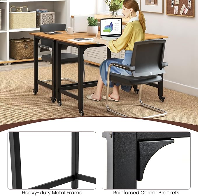 COSTWAY 48” Mobile Computer Desk, Home Office Desk on Wheels, Simple Study Writing Table with 4 Lockable Wheels, Metal Frame, Rolling Laptop PC Table for Small Space (Natural) - Image 7
