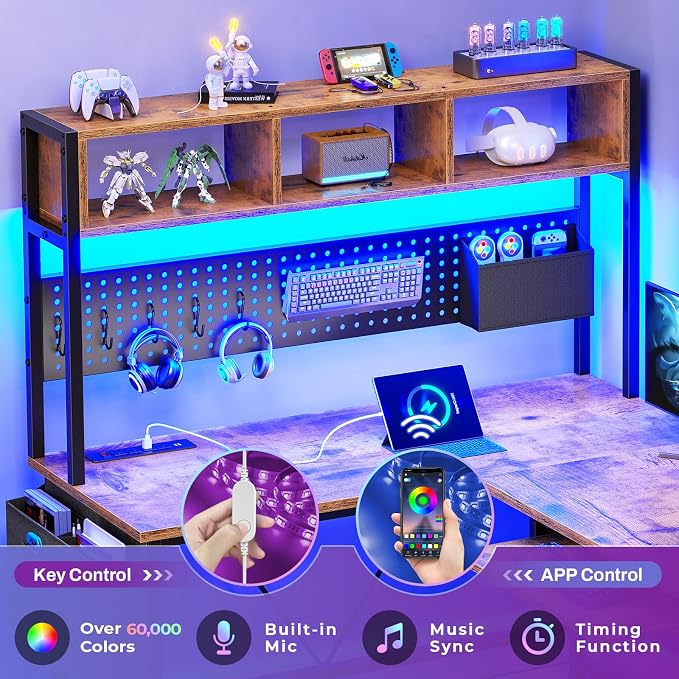 SEDETA L Shaped Gaming Desk with Hutch, 57.5” Reversible Corner Computer Desk with Storage Shelves, Gaming Desk with Pegboard, LED Lights, Power Outlet, Keyboard Tray (Rustic Brown) - Image 4