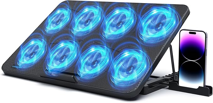 LIANGSTAR Laptop Cooling Pad, Laptop Cooler with 8 Quiet Fans for 12-17 Inch Gaming Laptop Fan Cooling Pad Stable Stand 7 Height & Wind Speed Adjustable, 2 USB Port & Phone Holder by LIANGSTAR